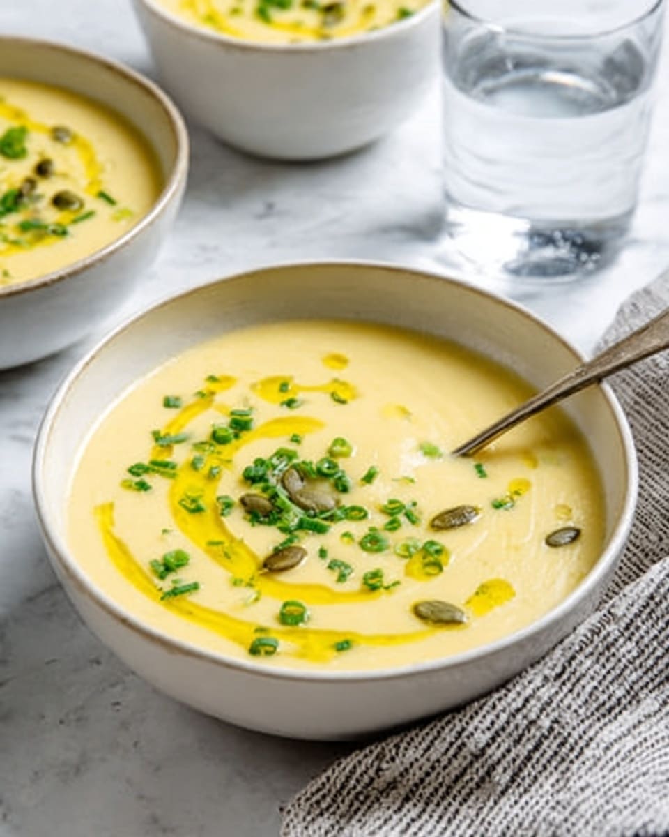A white bowl filled with creamy light yellow soup, with a smooth texture and a swirl of olive oil on top. Small green chopped herbs and a few pumpkin seeds are sprinkled over the soup as garnish. A spoon rests inside the bowl toward the back right. The bowl is placed on a white marbled surface with a gray and white striped cloth nearby. In the background, there is a glass of water and another similar white bowl filled with the same soup. photo taken with an iphone --ar 4:5 --v 7