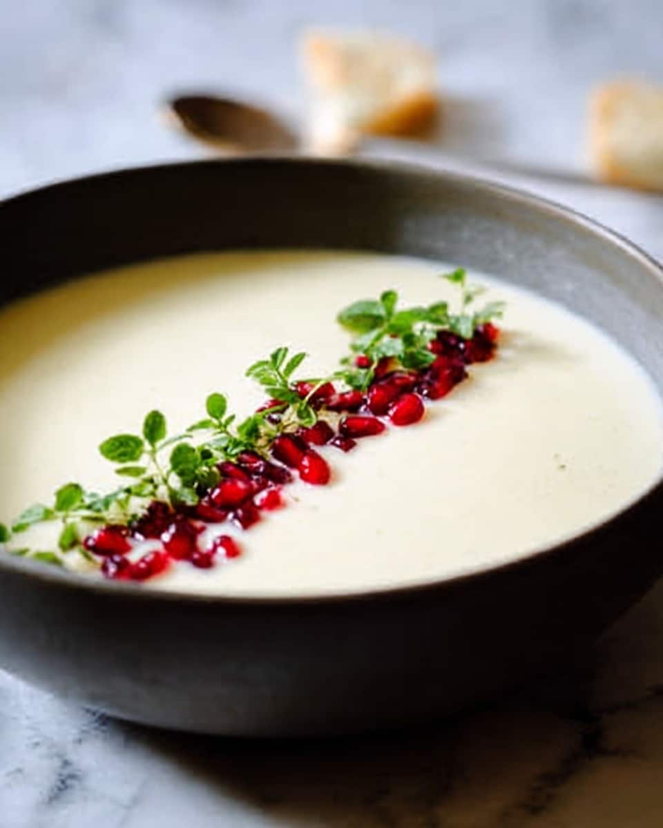 The image shows a bowl with smooth, creamy soup filling the entire inside. On the top middle, there is a line of small red seeds mixed with green fresh herb leaves, neatly placed in a straight row. The surface around the bowl is a soft white marbled texture, and the bowl itself is white. The lighting highlights the smooth texture of the soup and the fresh look of the toppings. Photo taken with an iphone --ar 4:5 --v 7