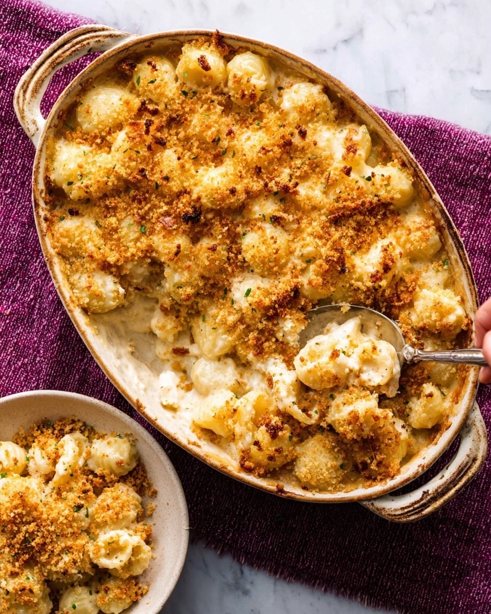 The image shows a close-up of a golden baked dish in a white oval baking dish with two handles on the sides. The top layer is browned and crunchy with small browned bits, covering round pasta pieces that are creamy white and soft beneath. A woman's hand is holding a spoon scooping a serving, revealing the smooth, cheesy, and thick sauce mixed with pasta inside. The dish is placed on a white marbled surface with a purple textured cloth underneath. Next to it is a small white bowl with a serving of the baked pasta, topped with a sprinkle of golden crumbs. photo taken with an iphone --ar 4:5 --v 7