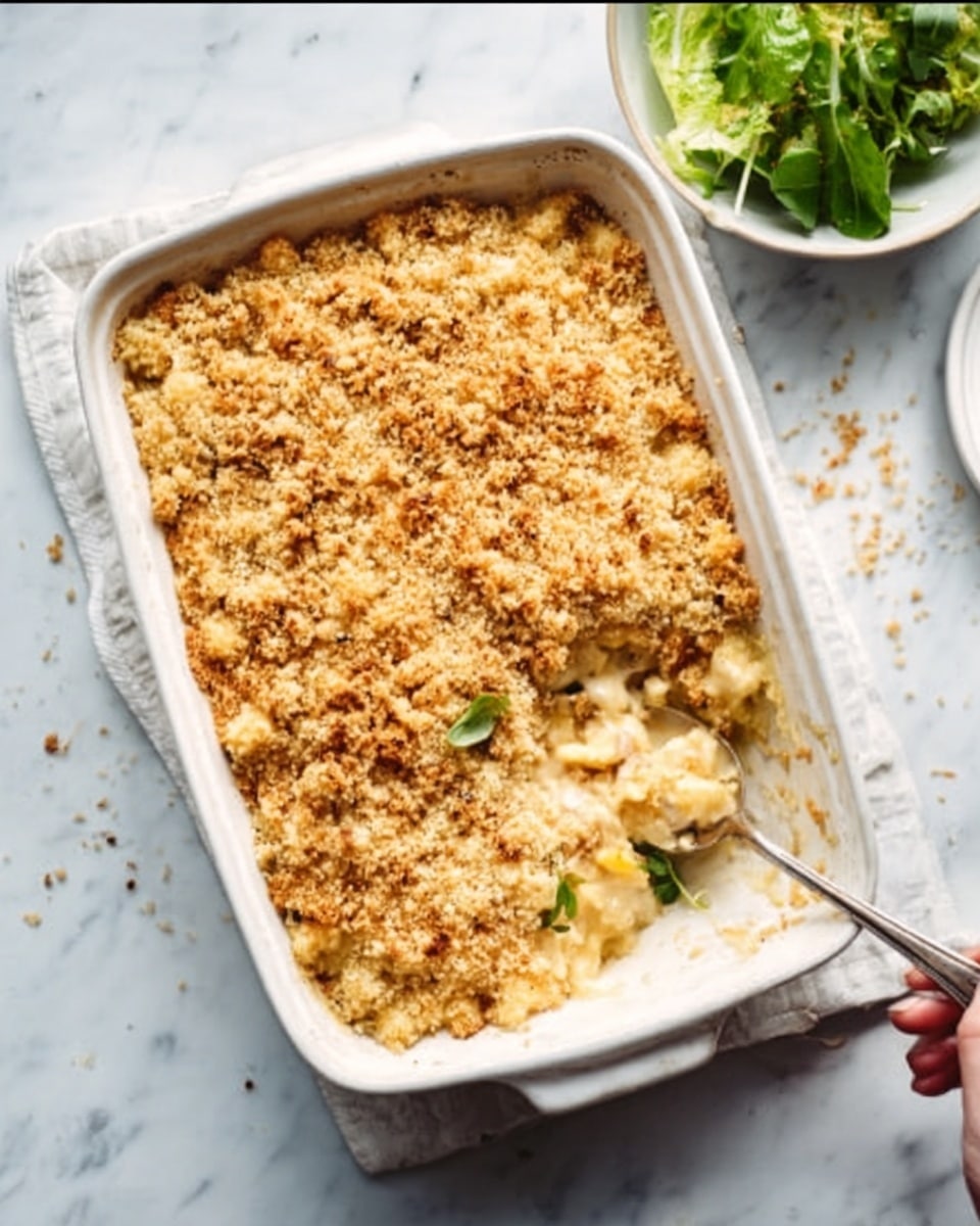 The image shows a white rectangular baking dish filled with a golden-brown crumbly topping. Underneath the topping is a creamy, light yellow layer with visible chunks of food, likely a casserole or baked dish. A silver spoon is placed inside the dish, scooping out some of the creamy filling. Near the baking dish, a woman's hand is holding what looks like a piece of the casserole. In the background, there is a small white bowl with green leafy salad. The whole setup is on a white marbled surface. photo taken with an iphone --ar 4:5 --v 7
