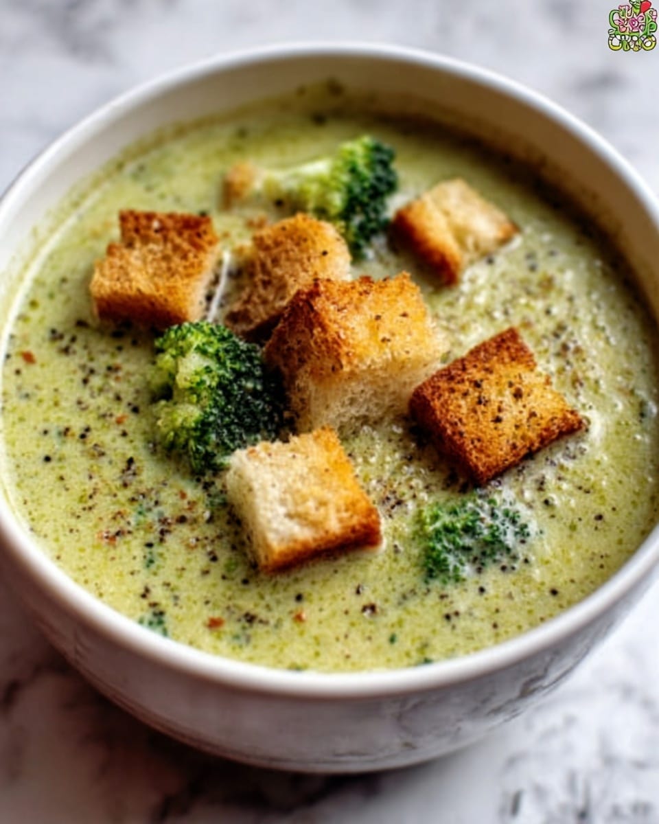 A white bowl filled with creamy green broccoli soup with small broccoli pieces and black pepper specks mixed inside. The soup is topped with golden brown toasted bread cubes scattered on the surface. The bowl sits on a white marbled surface. The overall look is warm and inviting with a smooth texture and slight chunks of broccoli. Photo taken with an iphone --ar 4:5 --v 7