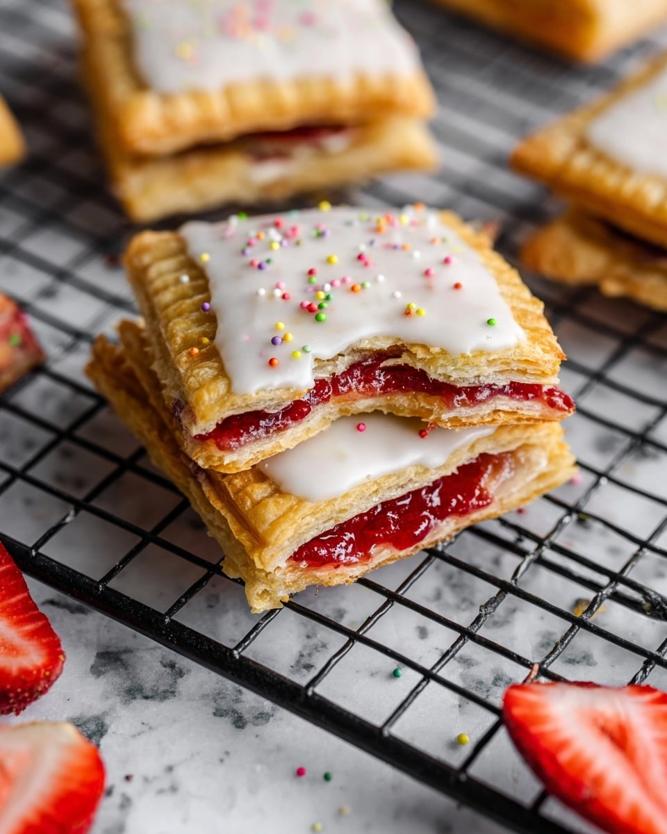 The image shows a close-up of a square, layered pastry with three visible layers: a golden-brown flaky crust on the top and bottom, and a bright red fruit filling in the middle. The top crust is covered with a smooth white icing that has small, colorful round sprinkles scattered on it. The pastry sits on a black cooling rack, placed over a white marbled surface. Nearby, there are fresh strawberry slices adding a pop of red to the scene. The overall look is crisp, colorful, and inviting, with the focus on the single pastry piece that is slightly broken to show the inner layers clearly. photo taken with an iphone --ar 4:5 --v 7