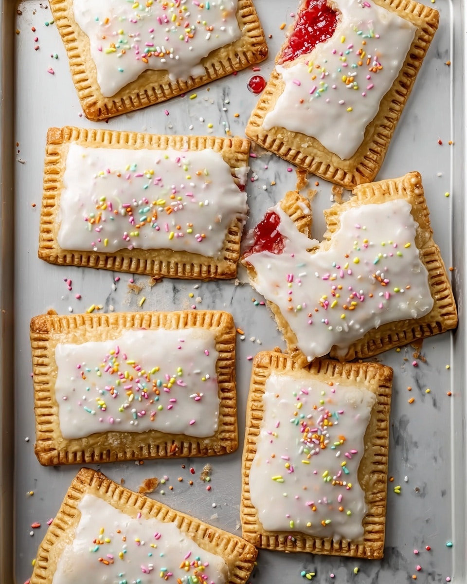 Eight rectangular pop tarts with golden-brown pastry crusts are arranged on a flat tray with a white marbled texture. Each pop tart has a thick layer of glossy white icing spread unevenly on top, and colorful pastel sprinkles are scattered across the icing. Two of the pop tarts are broken open, revealing a bright red filling inside. The edges of the pastries have a crimped texture, showing where they have been sealed. The surface around the pop tarts also has some stray sprinkles. The photo has a clean, bright look with clear details. photo taken with an iphone --ar 4:5 --v 7