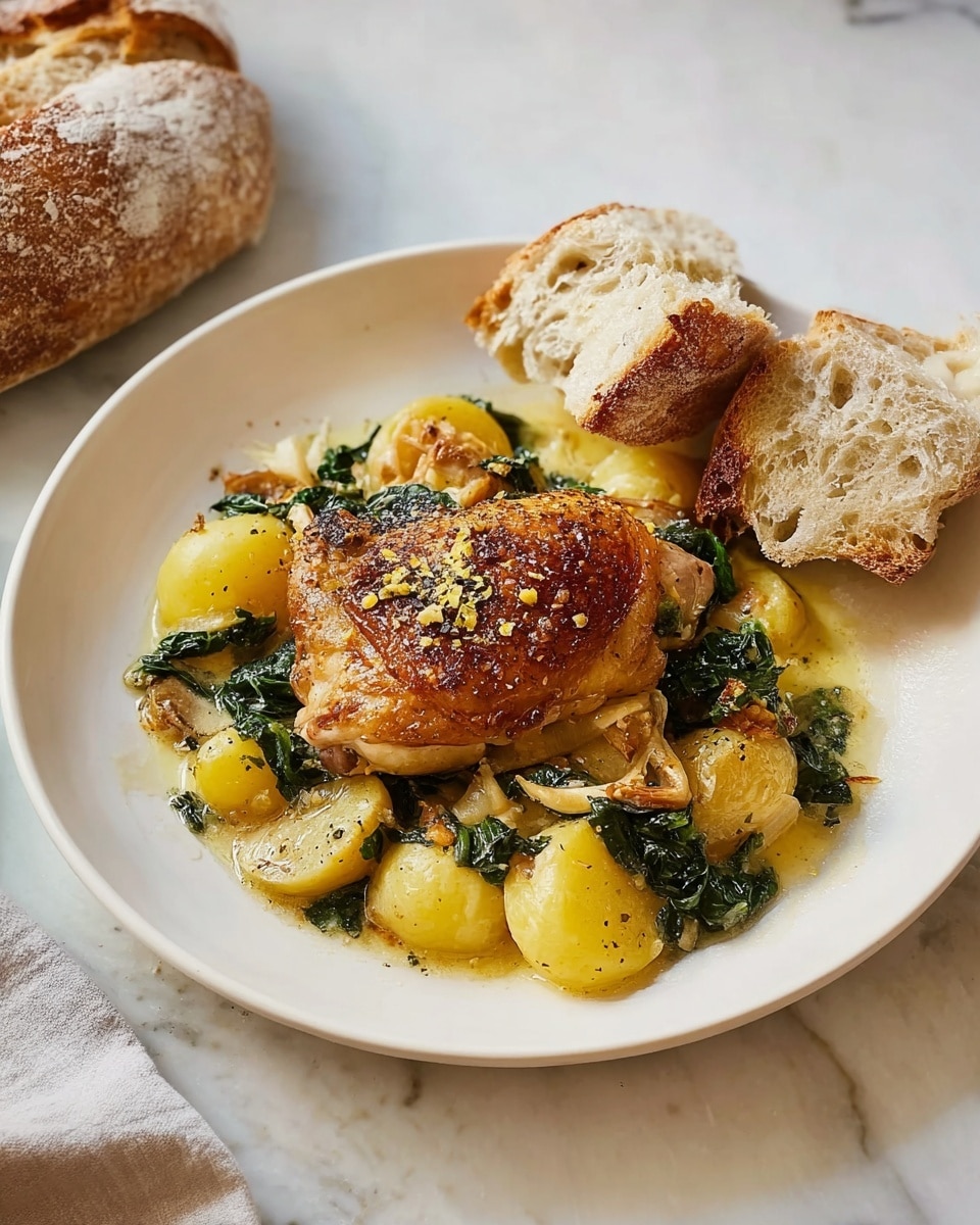 A white plate holds a dish with three main layers: at the bottom are yellow, sliced potatoes cooked with dark green leafy vegetables, creating a mix of soft textures and earthy colors. On top of this is a single, golden-brown cooked chicken thigh with a crispy skin, sprinkled with small bits of herbs and black pepper, adding depth to the look. Beside the chicken and potatoes, two pieces of torn, crusty bread with a golden-brown crust and soft white inside rest on the plate. The plate is placed on a white marbled surface, with soft natural light highlighting the food’s textures. photo taken with an iphone --ar 4:5 --v 7