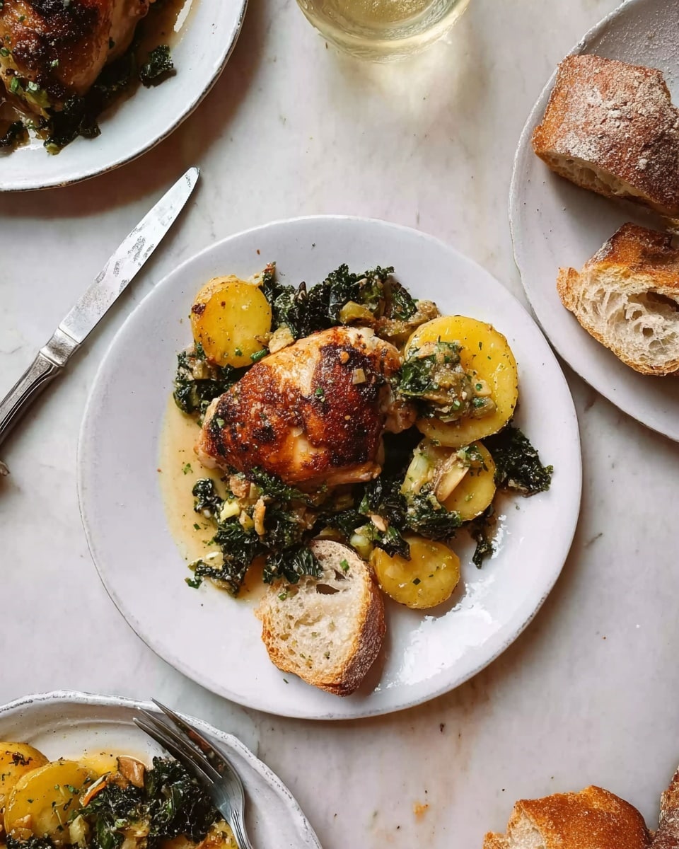 The image shows a white plate with a single piece of browned roasted chicken on top, surrounded by several yellow potato slices and wilted green kale mixed with herbs and sauce. A small piece of torn bread rests on the side of the plate. The setting includes two more white plates with the same dish partially visible and pieces of crusty bread next to the plate. There is a glass of light-colored drink near the top left corner, and a knife and fork lie on the left side of the plate. All this is on a white marbled surface. photo taken with an iphone --ar 4:5 --v 7