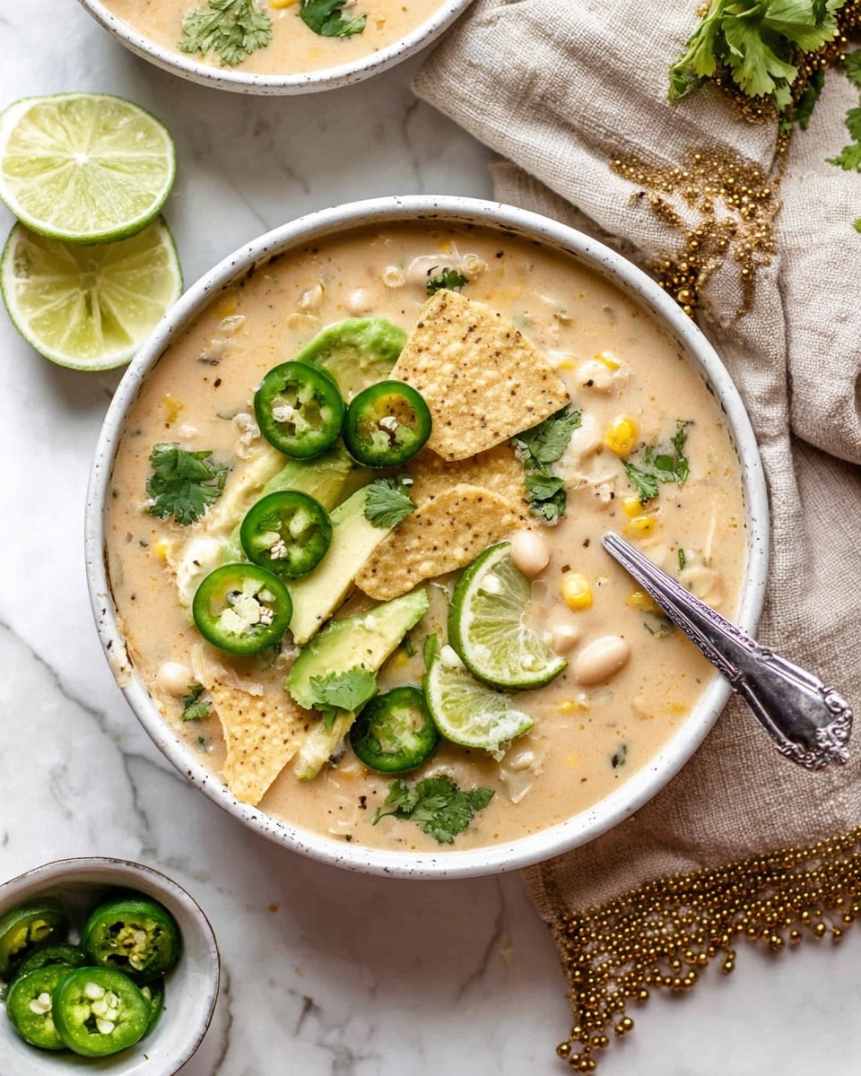 A white bowl filled with creamy beige soup showing visible chunks of white beans and corn, topped with three lime slices on the right side, light green avocado slices in the middle, and dark green jalapeno rings scattered around. Fresh green cilantro leaves are placed on top across the surface, along with broken pieces of lightly speckled tortilla chips partially dipped in the soup. A small ornate silver spoon rests inside the bowl on the right edge. The bowl sits on a white marbled surface next to a beige cloth with gold and bead trim, a lime wedge, and a small white bowl holding extra jalapeno slices. Photo taken with an iphone --ar 4:5 --v 7