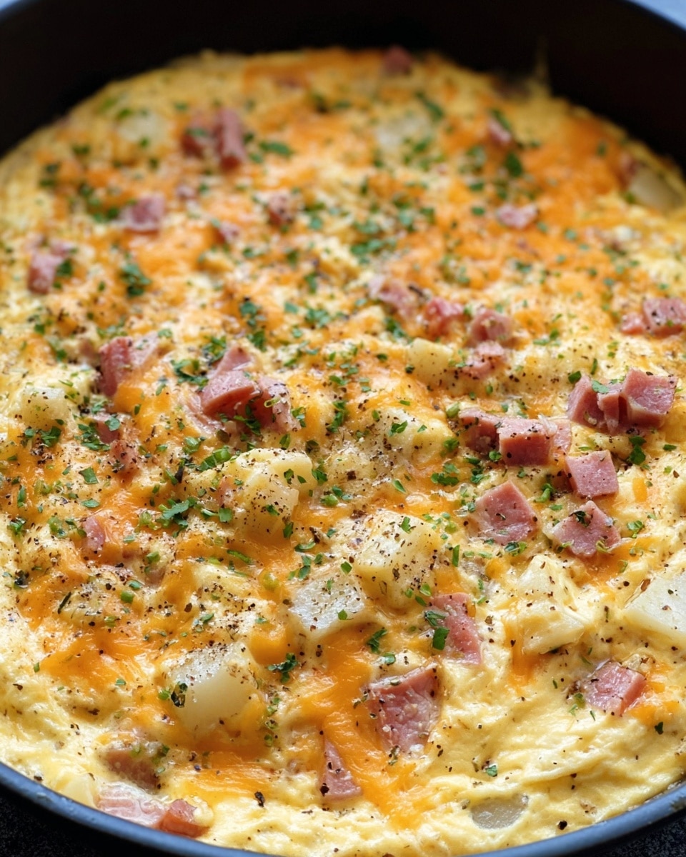 The image shows a cooked egg dish in a black skillet, with a creamy yellow base of scrambled eggs mixed with light orange melted cheddar cheese visible in both solid and melted forms. There are small pieces of cooked ham scattered all over, along with white chunks of potatoes and small bits of green pickles or pepper. The top is sprinkled with finely chopped green herbs and light black pepper, giving a fresh and slightly textured look. The mixture looks soft, fluffy, and slightly moist, with all the ingredients evenly spread across the surface. Photo taken with an iphone --ar 4:5 --v 7