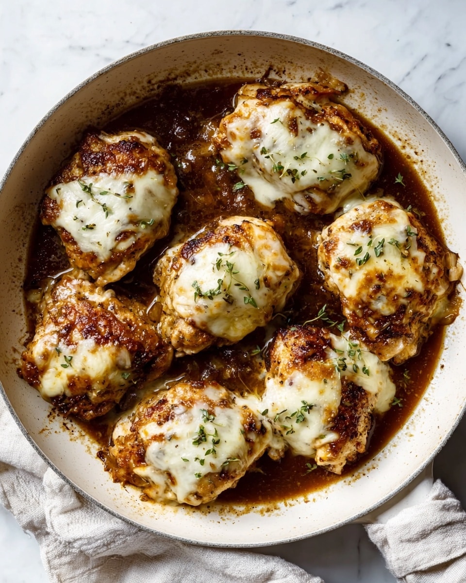 A white pan filled with seven pieces of cooked chicken topped with melted cheese. The chicken pieces are golden brown with a crispy texture and some darker edges, sitting in a pool of dark brown sauce that covers the bottom of the pan. The melted cheese on top of each piece is creamy white, slightly browned in some spots, giving a gooey and rich look. The pan is on a white marbled surface, and part of a light-colored cloth is visible near the handle. photo taken with an iphone --ar 4:5 --v 7