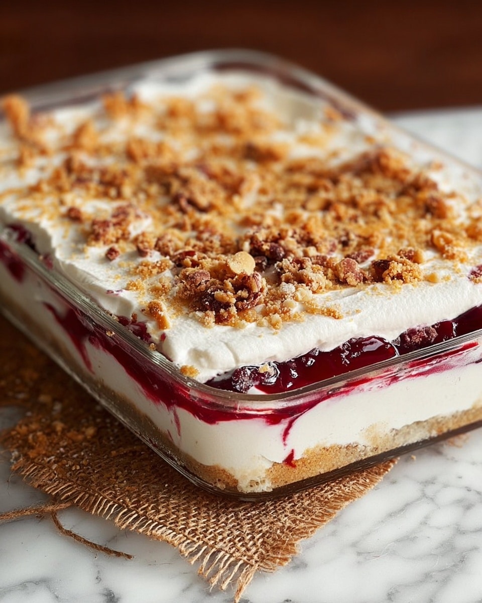The dish is a layered dessert in a clear glass rectangular dish, showing four distinct layers. The bottom layer is a light brown crumbly base, likely a crust. Above it is a thick layer of smooth white cream. The third layer is a deep red fruit or berry sauce, evenly spread across the dessert. The top layer is another thick, smooth white cream, covered with a generous sprinkle of golden brown crushed nuts and crumbs that add texture. The dish sits on a piece of burlap on a white marbled surface. Photo taken with an iphone --ar 4:5 --v 7