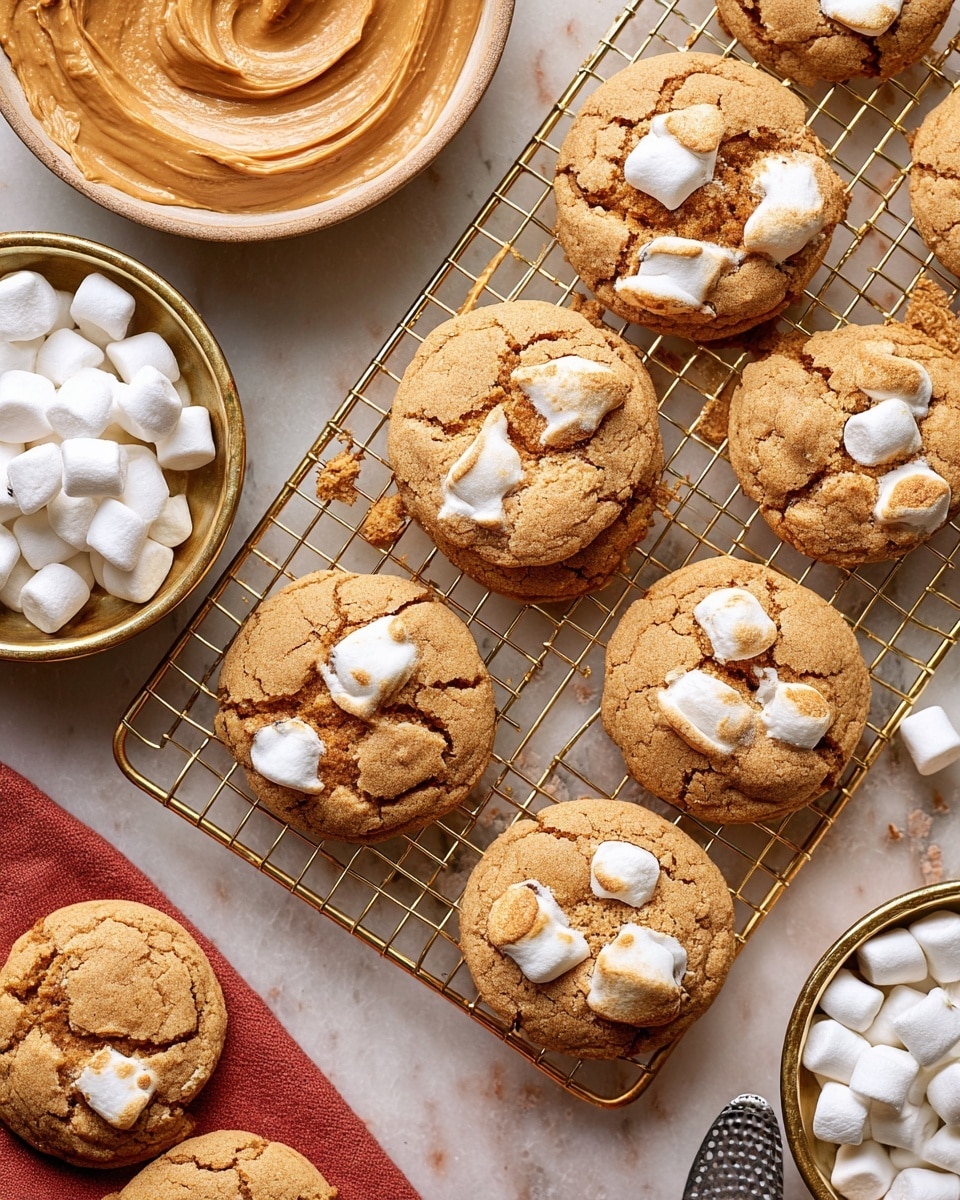 This image shows a group of soft, round cookies with a golden-brown color and cracked surface, each containing white, toasted marshmallows embedded inside and peeking through the top. The cookies are placed on a gold cooling rack set on a white marbled surface. To the left, there is a bowl filled with smooth, light brown peanut butter, and to the bottom right, a bowl containing small white marshmallows. A silver spatula rests next to the bowl of marshmallows. The overall look is warm and inviting with a textured and rustic feel. photo taken with an iphone --ar 4:5 --v 7