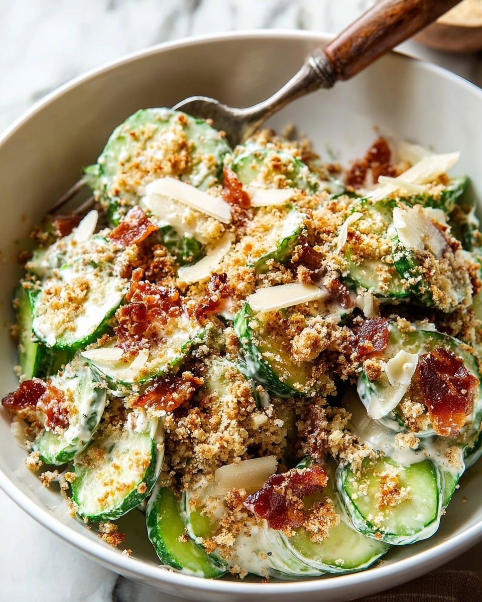 A close-up of a white bowl filled with a cucumber salad consisting of thick, fresh green cucumber slices layered with creamy white dressing, sprinkled evenly with a textured golden-brown crumb topping, scattered pieces of crispy reddish-brown bacon, and thin, light beige cheese shavings. A fork with a wooden handle is resting inside the bowl, partially covered by the salad. The bowl is placed on a white marbled surface. Photo taken with an iphone --ar 4:5 --v 7