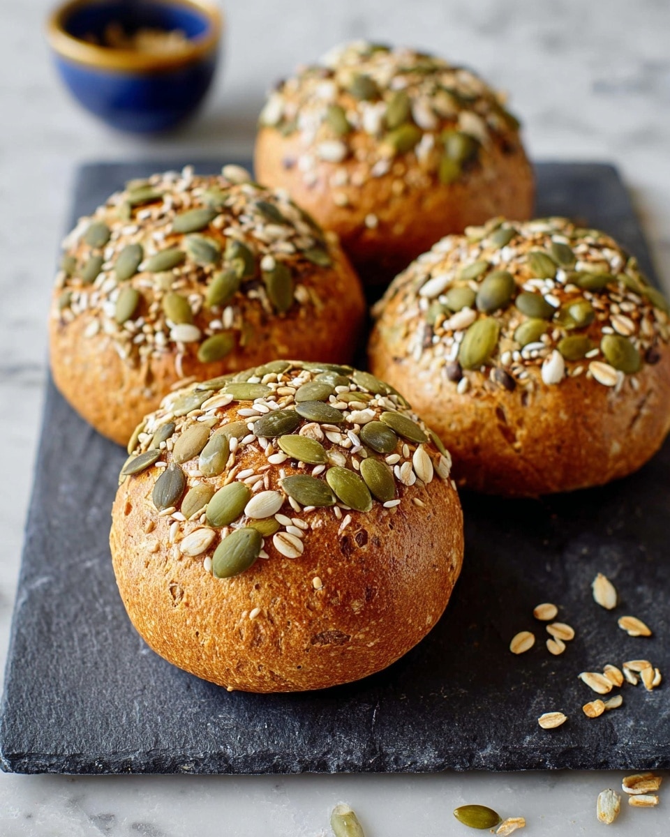 Four round bread rolls are shown, each topped with a mix of green pumpkin seeds, white sunflower seeds, and small golden flax seeds, covering the whole top layer and some sides. The bread rolls have a golden-brown crust with a slightly rough texture. They are placed close together on a dark slate board. A few scattered seeds lie around the board on a white marbled surface, and a small blue bowl with a golden inside edge is blurred in the background. photo taken with an iphone --ar 4:5 --v 7