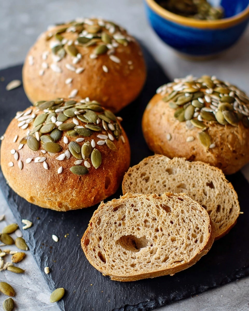 Four round bread rolls topped with green pumpkin seeds and white sunflower seeds sit on a black slate board. Two rolls are whole, showing a golden brown crust with scattered seeds, while the other two are cut in half, revealing a dense, light brown, soft inside with small holes. Some seeds are scattered around the board on a white marbled surface, and a blue and gold bowl is blurry in the background. photo taken with an iphone --ar 4:5 --v 7