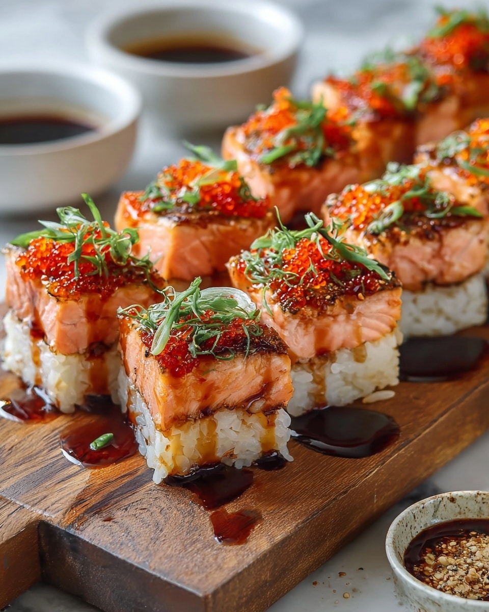 The image shows a wooden board holding neatly arranged sushi cubes with three layers: a bottom layer of white sticky rice, a thick middle layer of pink-orange grilled salmon with a slightly charred texture, and a top layer decorated with bright orange fish roe, dark sesame seeds, thin green slices of spring onion, and thin green herbs, all drizzled with a glossy dark brown sauce that pools slightly on the board. In the blurred background, small white bowls hold dark soy sauce and finely crushed seasoning, set on a white marbled surface. Photo taken with an iphone --ar 4:5 --v 7