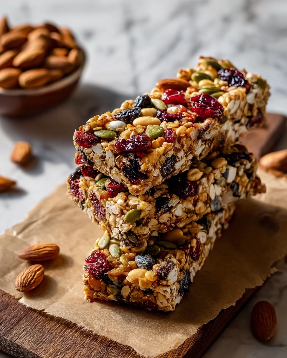 Three granola bars are stacked on a piece of brown parchment paper on a wooden board. Each bar has a thick, rectangular shape with a busy top layer full of whole nuts like almonds and peanuts, dried fruit pieces such as red cranberries and dark raisins, and green pumpkin seeds. The bars have a golden brown, sticky base that holds all the ingredients together, showing some clusters of puffed grains. The background is a white marbled texture with a blurred bowl of almonds in the upper left corner. The lighting casts soft shadows that highlight the texture of the nuts and fruit. Photo taken with an iphone --ar 4:5 --v 7