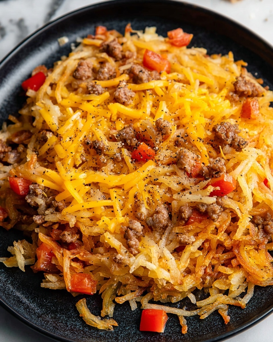 A close-up of a black plate filled with a mixed dish made of three main layers: the bottom layer consists of crispy, golden-brown shredded potatoes, the middle layer is scattered with small pieces of browned ground meat and diced red bell peppers adding red highlights, and the top layer is melted cheddar cheese in thin, bright yellow strands spread unevenly across, with a sprinkle of black pepper all over for texture, set on a white marbled surface. photo taken with an iphone --ar 4:5 --v 7