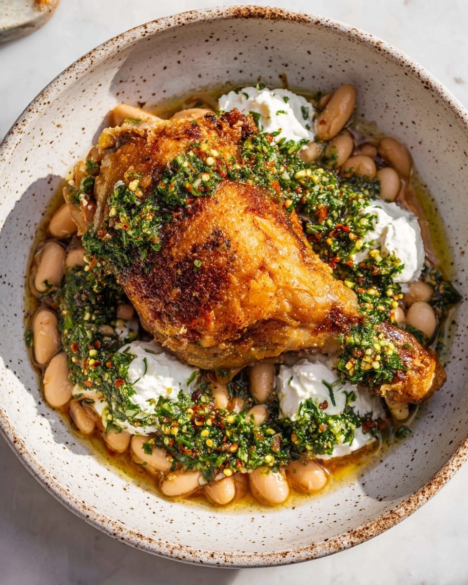 The image shows a silver baking tray filled with two golden-brown roasted chicken legs placed on a bed of creamy white beans. Around the chicken are caramelized pieces of endive or similar leafy vegetables that are slightly charred and dark brown on the edges. The beans look soft and cooked in a light brown sauce that fills the tray’s bottom. Small bits of zest, likely lemon, are scattered on top of the chicken and beans, adding a pop of yellow color. The tray is placed on a white marbled textured surface with a small white bowl containing a green herb sauce with sesame seeds visible at the bottom left corner. Two white salt and pepper shakers are positioned at the top right corner of the image. Photo taken with an iphone --ar 4:5 --v 7