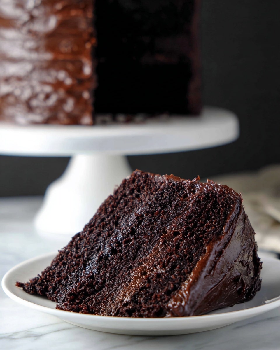 A close-up of a thick slice of rich, dark chocolate cake with three moist layers and shiny dark chocolate frosting spread in between and covering the sides. The cake slice sits on a simple white plate, placed on a white marbled surface. In the background, a white cake stand holds the remaining cake, blurred to keep the focus on the detailed texture of the slice. The cake's texture looks soft and dense with a slightly glossy finish on the frosting. Photo taken with an iphone --ar 4:5 --v 7
