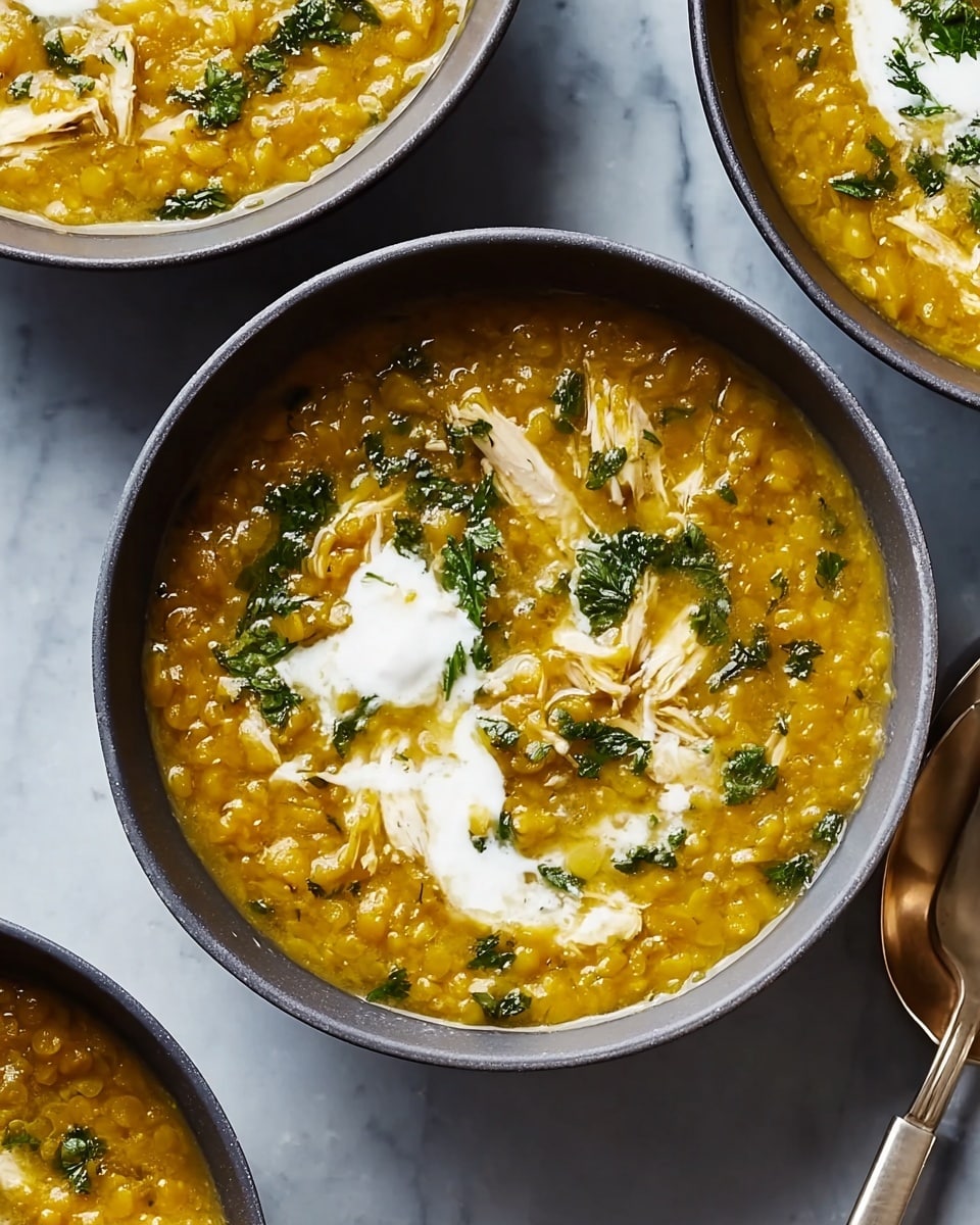 The image shows a close-up of a dark gray bowl filled with a chunky yellow lentil soup. The soup has visible pieces of shredded white chicken, scattered green herbs on top, and a swirl of white cream or yogurt. Three bowls are partially seen, placed on a white marbled textured surface, and a spoon is placed on the side. The soup’s texture looks thick and hearty with a rich golden color. Photo taken with an iphone --ar 4:5 --v 7