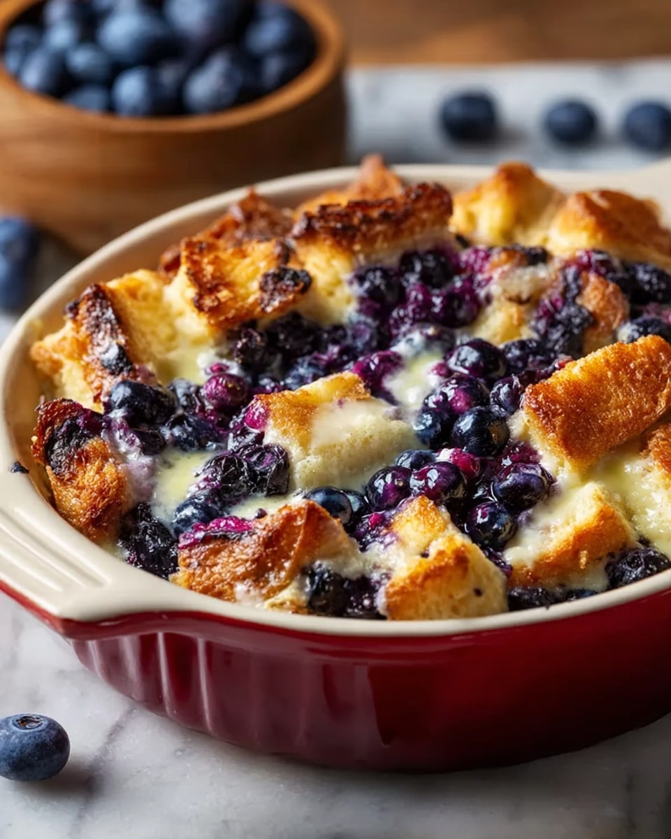 The image shows a close-up of a baked blueberry bread pudding in a white ceramic dish with a red outer rim. The dish is filled with thick chunks of golden-brown toasted bread on top with a soft and creamy custard layer mixed with baked blueberries underneath. Many whole blueberries and some that have burst release purple juice, scattered evenly on top and inside the pudding. The bread pieces have a slightly crisp texture while the custard looks smooth and rich, oozing slightly between the bread. The dish sits on a white marbled surface, and in the background, there is a small wooden bowl filled with fresh blueberries. Photo taken with an iphone --ar 4:5 --v 7