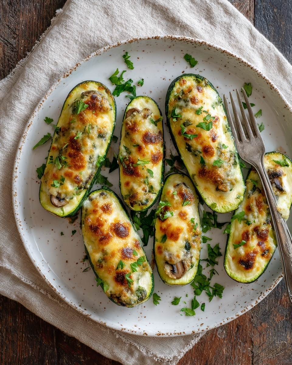 The image shows two zucchini boats placed side by side on a baking tray, each cut lengthwise with dark green skin visible on the outside. The inside is filled with a creamy white and green mixture of cheese and chopped spinach, textured and slightly browned on top. On top of the filling, there are several browned, grilled mushroom slices scattered evenly, with some small sprinkle of chopped fresh green herbs. The tray rests on a white marbled surface, with some small crumbs and herbs sprinkled around. The focus is close-up, showing the soft melted cheese and the grilled texture of the mushrooms clearly. photo taken with an iphone --ar 4:5 --v 7