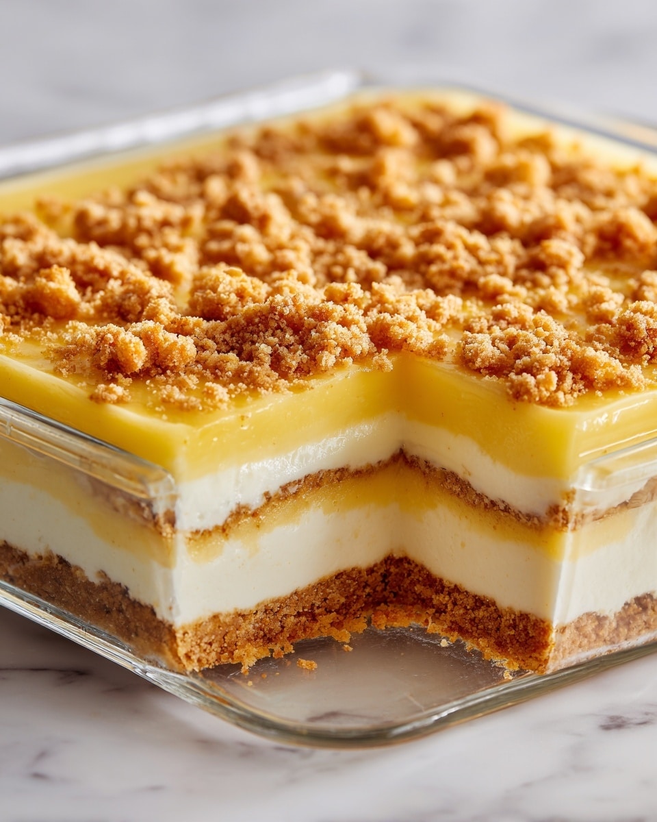 A close-up view of a square glass baking dish with a layered dessert inside, placed on a white marbled surface. The dessert has three visible layers: the bottom layer is a firm, crumbly light brown crust, the middle layer is a smooth, creamy white filling, and the top layer is a thick, glossy yellow custard. On the very top is a crumbly, golden-brown streusel topping with small and uneven chunks, some of which are slightly browned. A large square piece is cut out from one corner, clearly showing the layers. Photo taken with an iphone --ar 4:5 --v 7