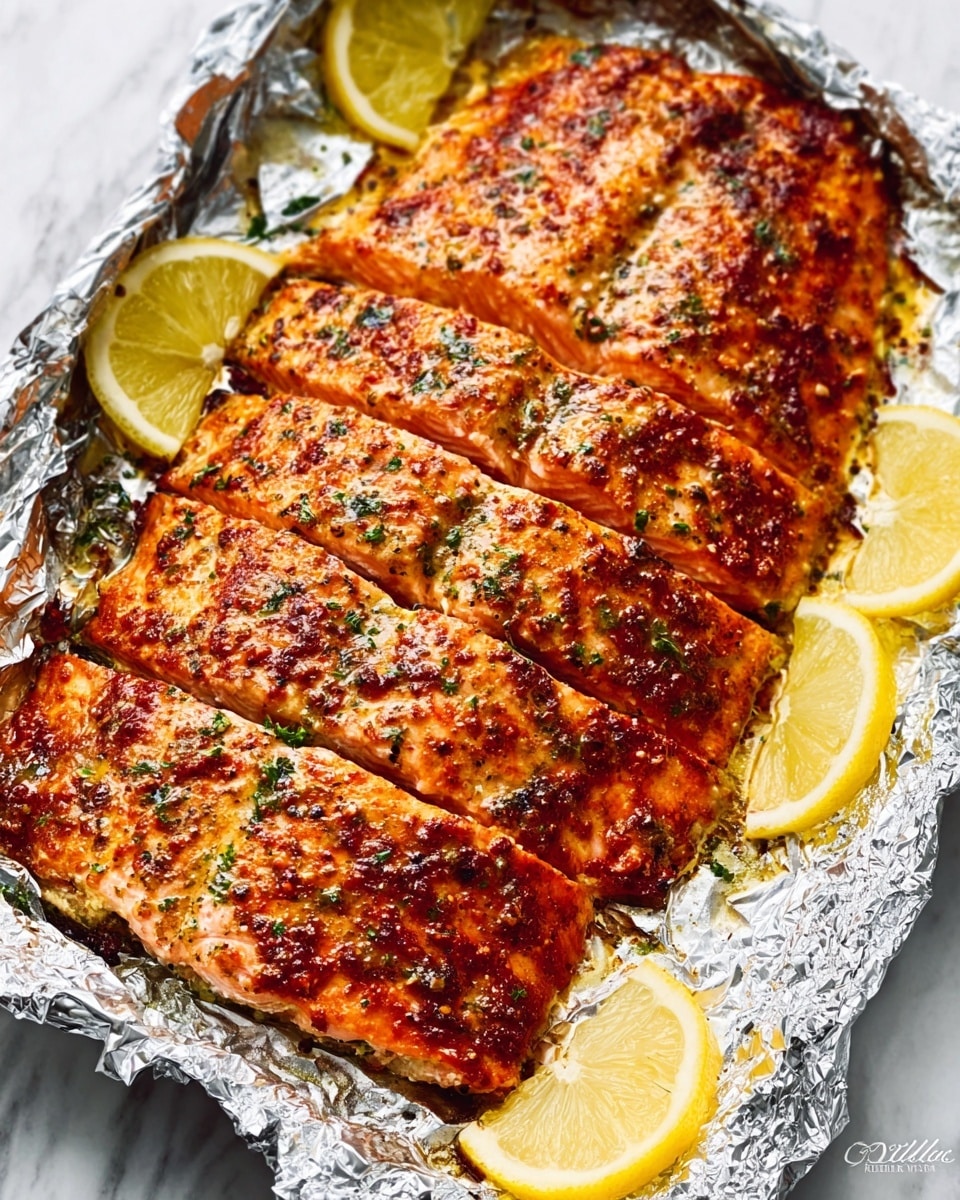 A foil-lined white tray holds a large piece of cooked salmon that is cut into six thick slices. The salmon has a golden-brown, slightly crispy top with visible seasoning and herbs spread evenly across the surface. The texture looks moist and flaky, with a shiny glaze reflecting light. Around the edges of the salmon, there are several lemon wedges placed on the foil, adding a fresh yellow contrast. The background is a white marbled texture that softly highlights the foil and fish. photo taken with an iphone --ar 4:5 --v 7
