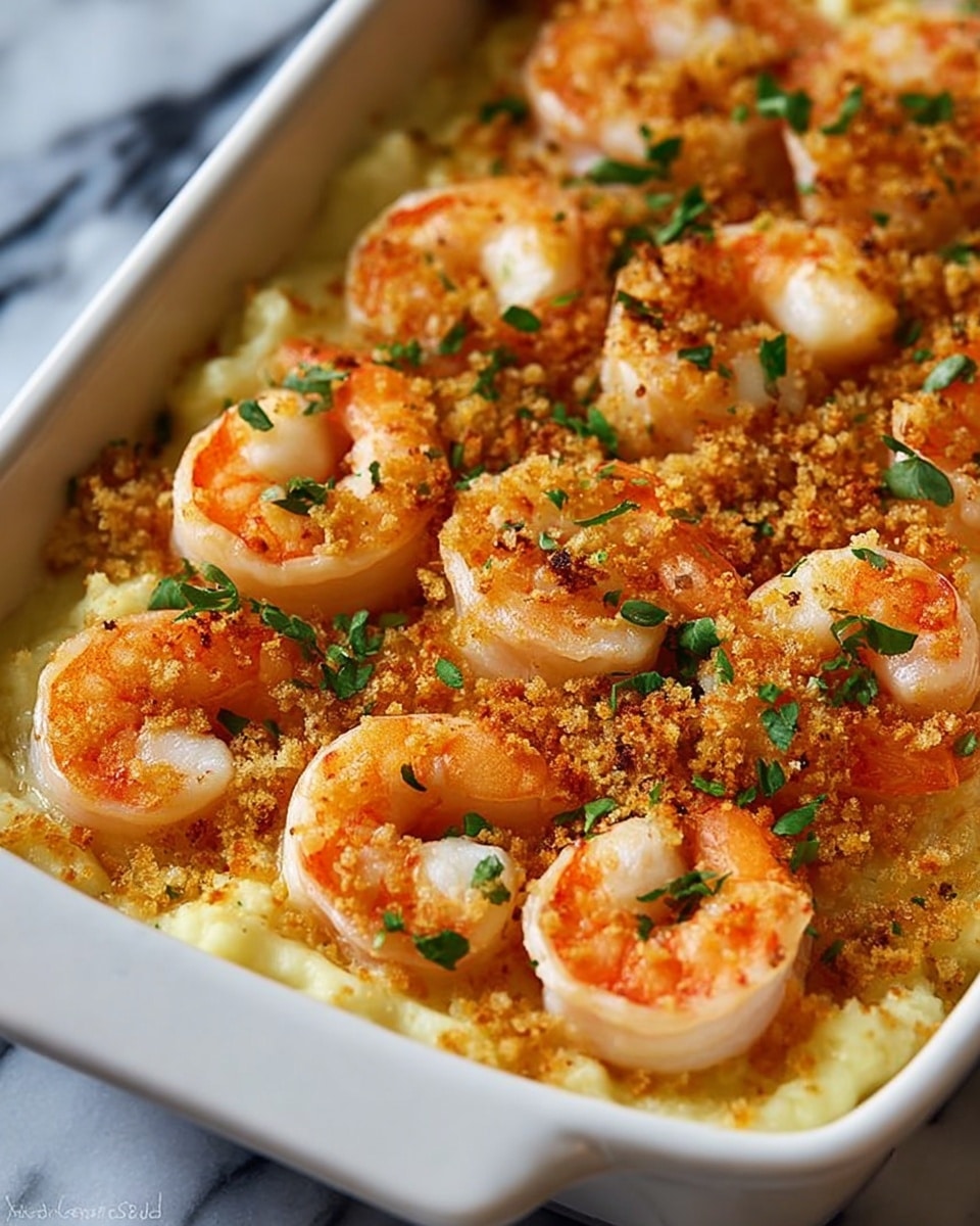 A close-up view of a white ceramic baking dish filled with a creamy layered shrimp casserole. The bottom layer is a smooth, light yellow mashed mixture, topped with two layers of pink-orange cooked shrimp arranged neatly in rows. Each shrimp has a slightly curled shape with a bright orange tail. Above the shrimp is a golden brown, crispy breadcrumb topping sprinkled unevenly and garnished with small pieces of fresh green herbs. The dish rests on a surface with a white marbled texture. photo taken with an iphone --ar 4:5 --v 7