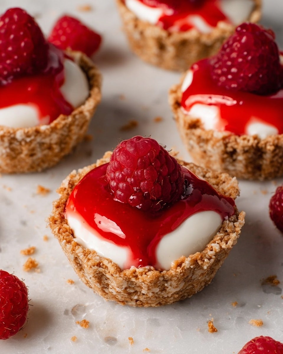 The image shows a close-up of several small tartlets with a crumbly, golden-brown crust forming the base and sides. Inside each crust, there is a smooth, white creamy filling topped with bright red raspberry sauce that drips slightly down the sides. Each tartlet is crowned with a fresh, plump red raspberry on top. The tartlets are placed on a surface with a white marbled texture, and in the background, there is a white container with a red-striped straw. A few loose raspberries are scattered around the tartlets. photo taken with an iphone --ar 4:5 --v 7