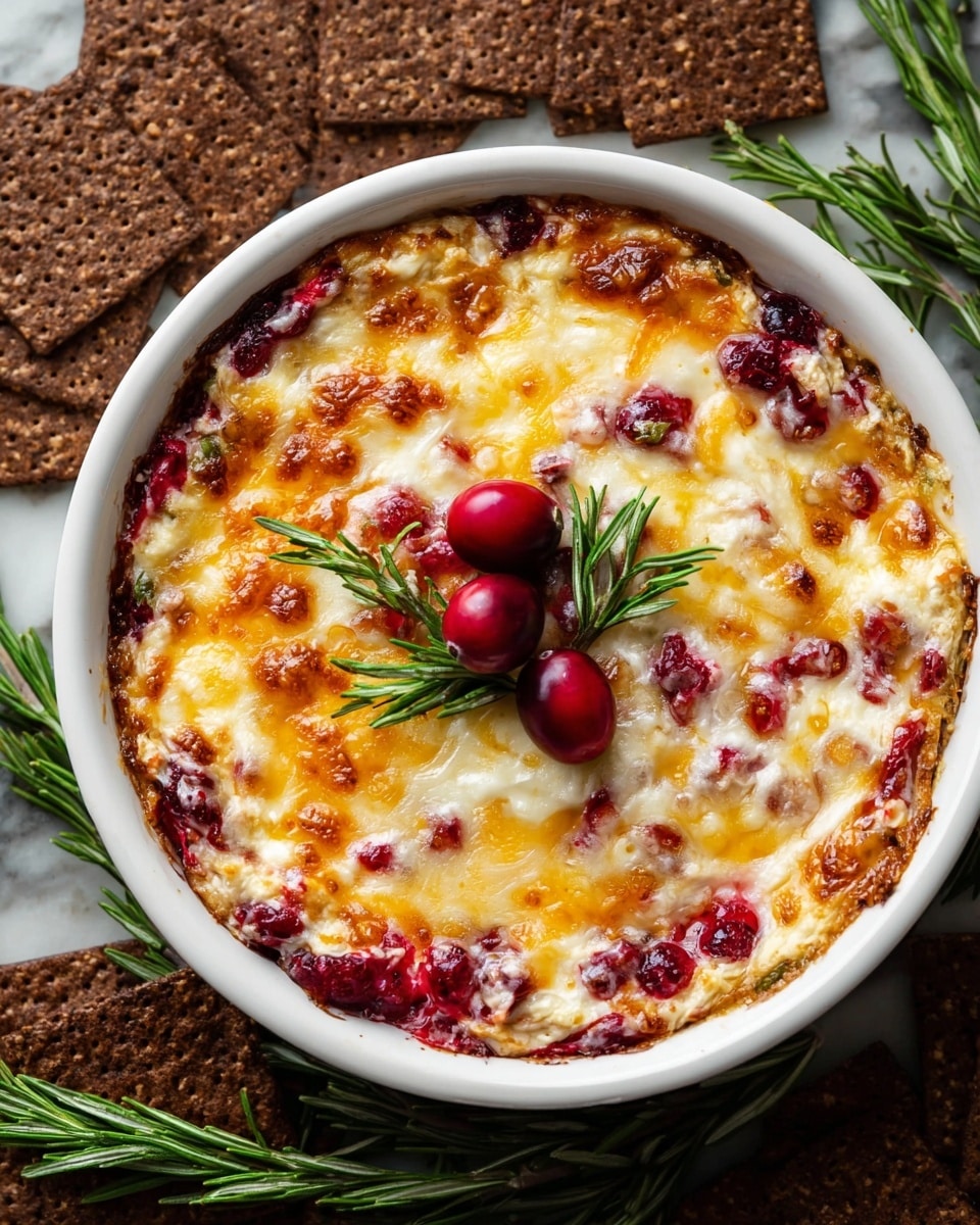 A white round deep dish filled with a baked dip showing three distinct layers: the top is golden brown melted cheese with bubbly and slightly crispy texture, underneath is a bright red cranberry mix with whole cranberries and sauce, and the base is creamy with hints of browned bits. The dish is decorated in the center with fresh green rosemary sprigs and three glossy red cranberries. Around the dish, dark brown seeded crackers are arranged on a white marbled surface, with additional fresh rosemary sprigs for garnish. Photo taken with an iphone --ar 4:5 --v 7