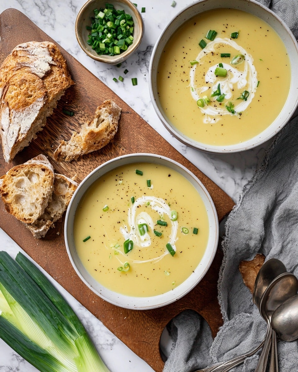 Two white bowls filled with smooth, pale yellow soup sit on a wooden cutting board placed over a white marbled surface. Each bowl has a swirl of white cream on top, decorated with small green chive pieces and a light sprinkle of black pepper. Around the bowls are torn pieces of crusty brown bread, a few green leek sections, and a small bowl filled with chopped chives. A grey cloth is casually laid under one bowl, while two spoons rest on the surface nearby. Photo taken with an iphone --ar 4:5 --v 7