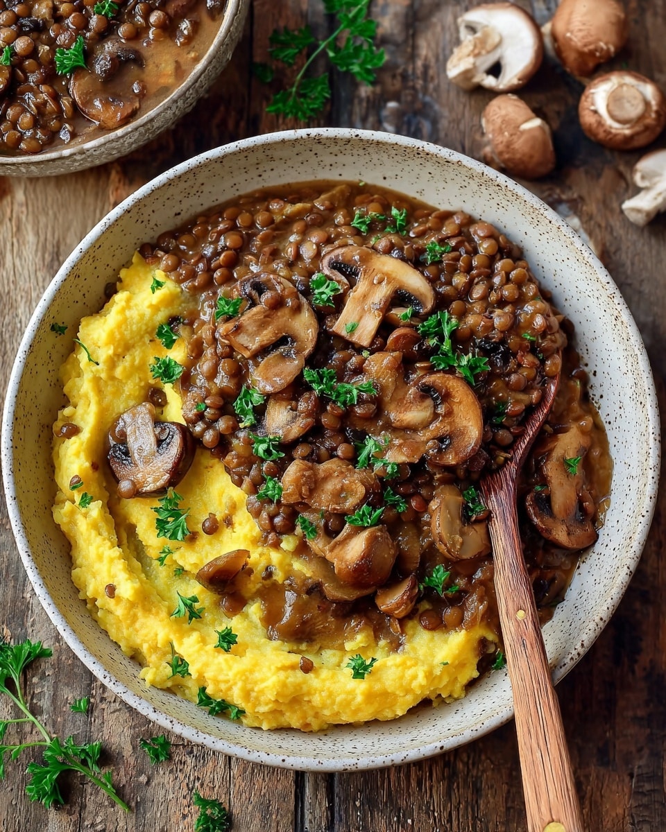 A deep bowl filled with two main layers: the bottom layer is a creamy, bright yellow mashed texture with some soft lumps, forming a base that fills the bowl; on top, there is a thick, brown lentil and mushroom stew with small round lentils and several sliced mushrooms visible, all covered in a shiny brown sauce and sprinkled with fresh green parsley. A wooden spoon with smooth brown handle rests inside the bowl on the right side. The bowl itself is a speckled off-white ceramic, sitting on a rustic wooden surface, with some fresh mushroom pieces and scattered green parsley around it. Photo taken with an iphone --ar 4:5 --v 7