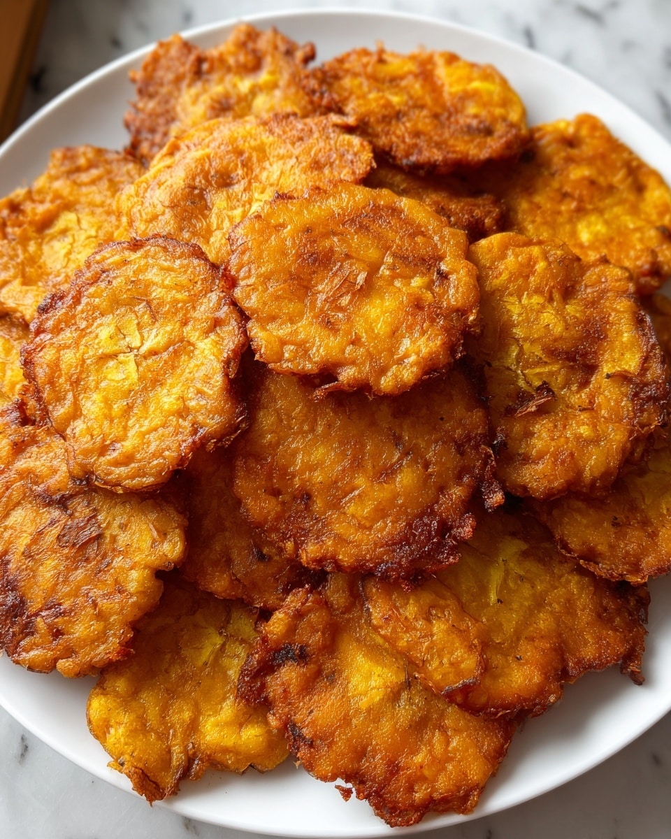 The image shows a white plate full of golden-brown fried tostones, which are flat, round plantain slices with a rough and crispy texture. Each piece is uneven in shape with a crunchy surface showing darker fried edges and lighter golden-yellow areas in the center. The tostones are stacked and slightly overlapping, some showing crispier, crunchy bubbles and edges. The plate sits on a white marbled surface, and the photo has a warm, close-up feel, emphasizing the crunchy texture and rich fried color of the plantains. Photo taken with an iphone --ar 4:5 --v 7