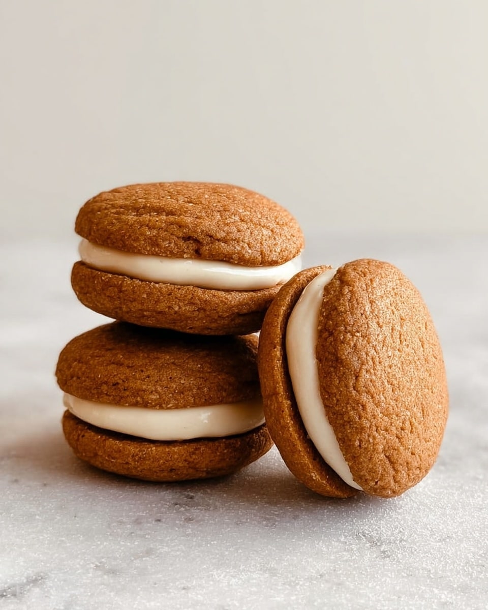 Three sandwich cookies are shown stacked on a white marbled surface. Each cookie has two soft, round, brown layers with a slightly rough texture and a thick, smooth, off-white cream filling in between. The cookies are arranged with one lying sideways and the other two leaning on each other, creating a small pyramid shape. The clean, simple background highlights the warm tones of the cookies and the creamy filling photo taken with an iphone --ar 4:5 --v 7