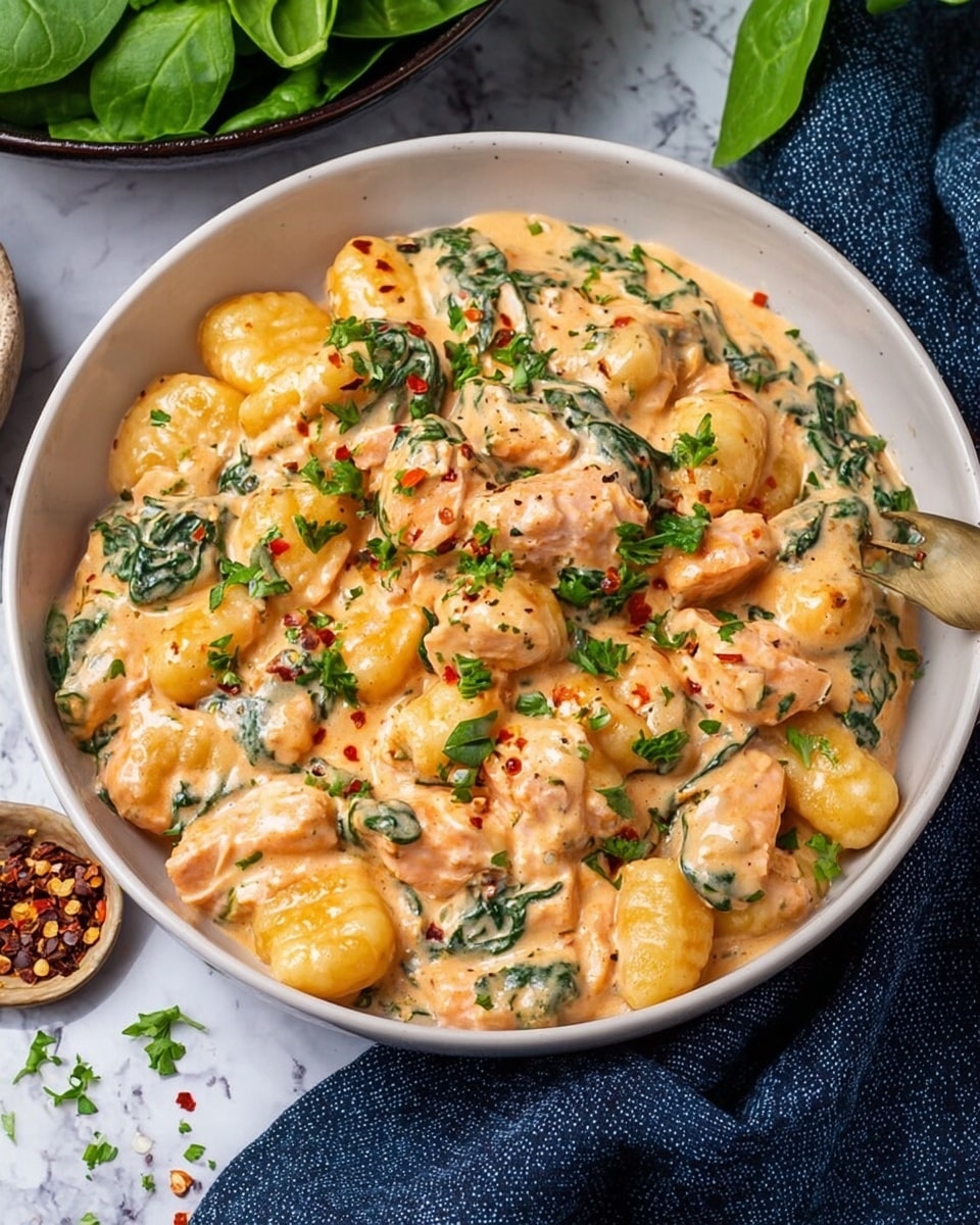 A white bowl filled with creamy orange sauce mixed with plump gnocchi and pieces of salmon, topped with chopped green parsley and small red pepper flakes scattered across the surface. The creamy sauce covers all the pieces evenly, with some dark green spinach leaves mixed inside. A dark blue cloth is placed beside the bowl on a white marbled surface, and there is a bowl filled with fresh spinach visible in the background. Photo taken with an iphone --ar 4:5 --v 7