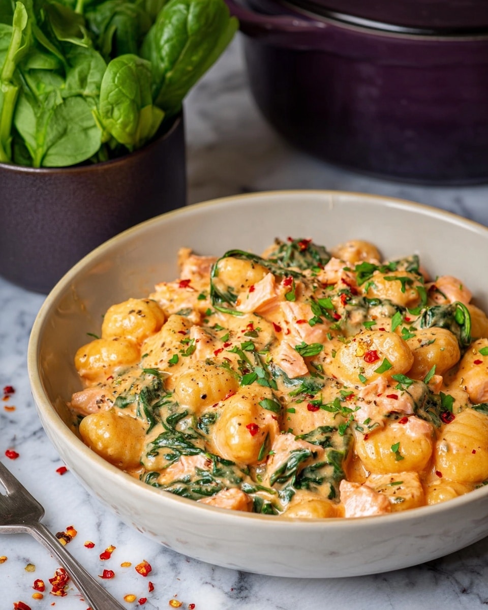 A white bowl filled with creamy orange gnocchi coated in a rich sauce, mixed with pieces of light pink salmon and wilted dark green spinach leaves, all sprinkled with small bright green parsley bits and red pepper flakes. The bowl is set on a white marbled surface with some scattered red pepper flakes nearby. In the background, a dark purple pot filled with fresh bright green spinach leaves with its lid slightly open is visible. Photo taken with an iphone --ar 4:5 --v 7