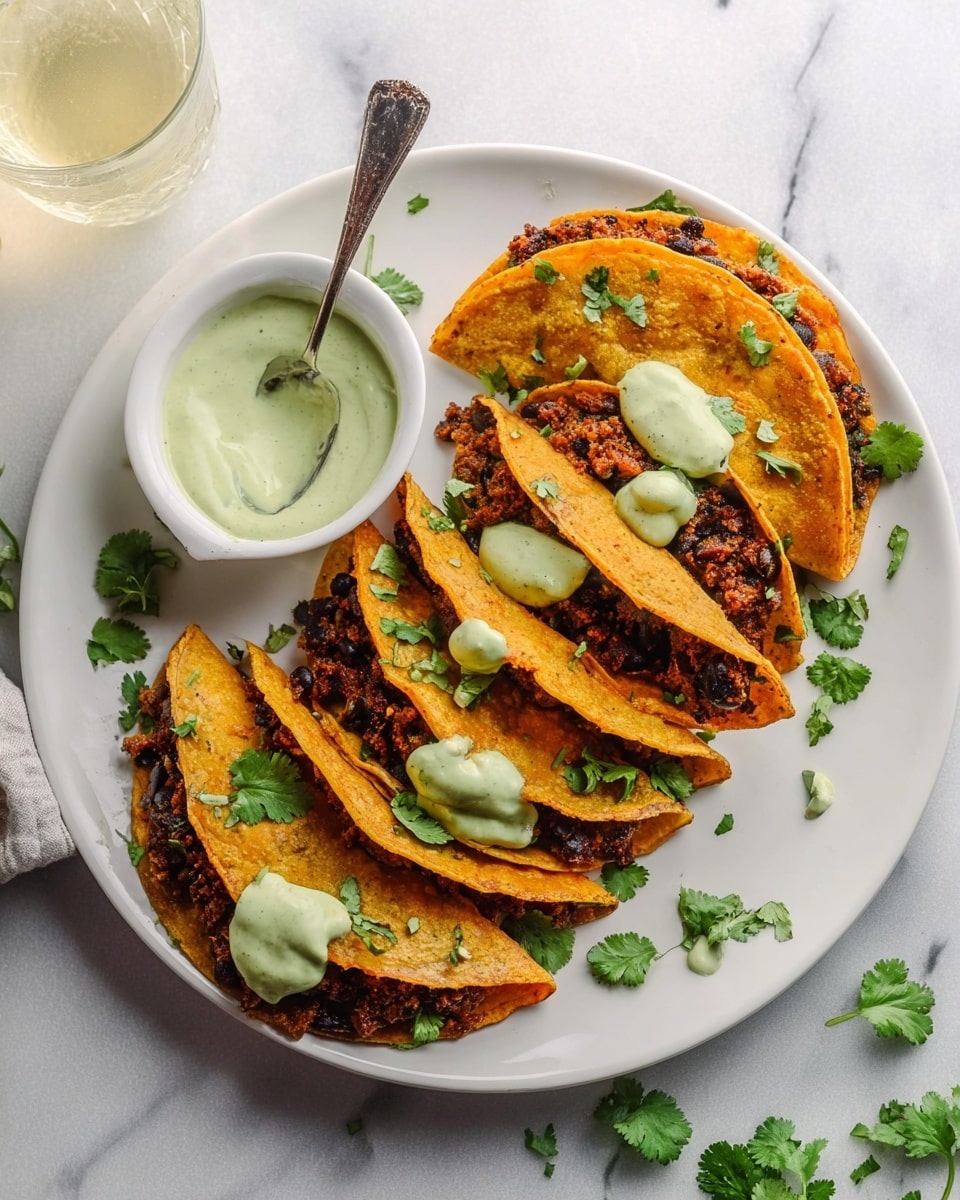 The image shows a white plate with five folded tacos arranged in a neat row, each taco filled with a dark, textured mixture that looks like beans or meat. The taco shells are golden brown with slightly crisp edges. On top of each taco and scattered on the plate are small dollops of a creamy green sauce with a smooth texture, also present in a small white bowl on the side, with a spoon resting inside. Bright green cilantro leaves are placed on and around the tacos for garnish. The plate is set on a white marbled surface with a glass of light-colored drink and bits of cilantro visible nearby. Photo taken with an iphone --ar 4:5 --v 7