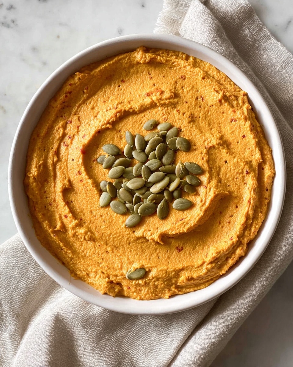 A white bowl holds a single smooth layer of thick, orange spread with a slightly rough texture. In the center, there is a small circle made of green pumpkin seeds scattered neatly on the spread. The bowl is set on a white marbled surface with a folded cloth in soft beige tones placed nearby. The orange spread looks creamy and dense, covering the entire inside of the bowl evenly. Photo taken with an iphone --ar 4:5 --v 7