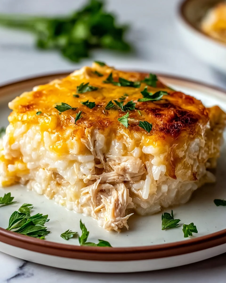 A slice of creamy baked casserole sits on a white plate with a thin brown rim, placed on a white marbled surface. The dish has three visible layers: the bottom layer is soft white rice, the middle layer is tender shredded chicken, and the top layer is a golden, melted cheese crust with a slightly crispy texture. Small green parsley leaves are scattered on top of the cheese and around the plate for garnish. The lighting highlights the creamy texture and the rich, warm colors of the cheese topping, capturing a cozy and inviting feel. photo taken with an iphone --ar 4:5 --v 7