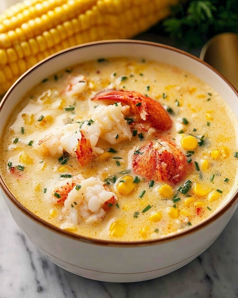 A white bowl filled with creamy soup that has a light yellow color with small pieces of bright yellow corn and white chunks of lobster meat, some with red shells, floating on the surface. There are tiny green herb bits sprinkled on top, adding fresh color contrast. The soup looks thick and smooth with a soft texture. The bowl has a thin brown rim and sits on a white marbled surface. A cooked yellow corn cob is blurred in the background. Photo taken with an iphone --ar 4:5 --v 7
