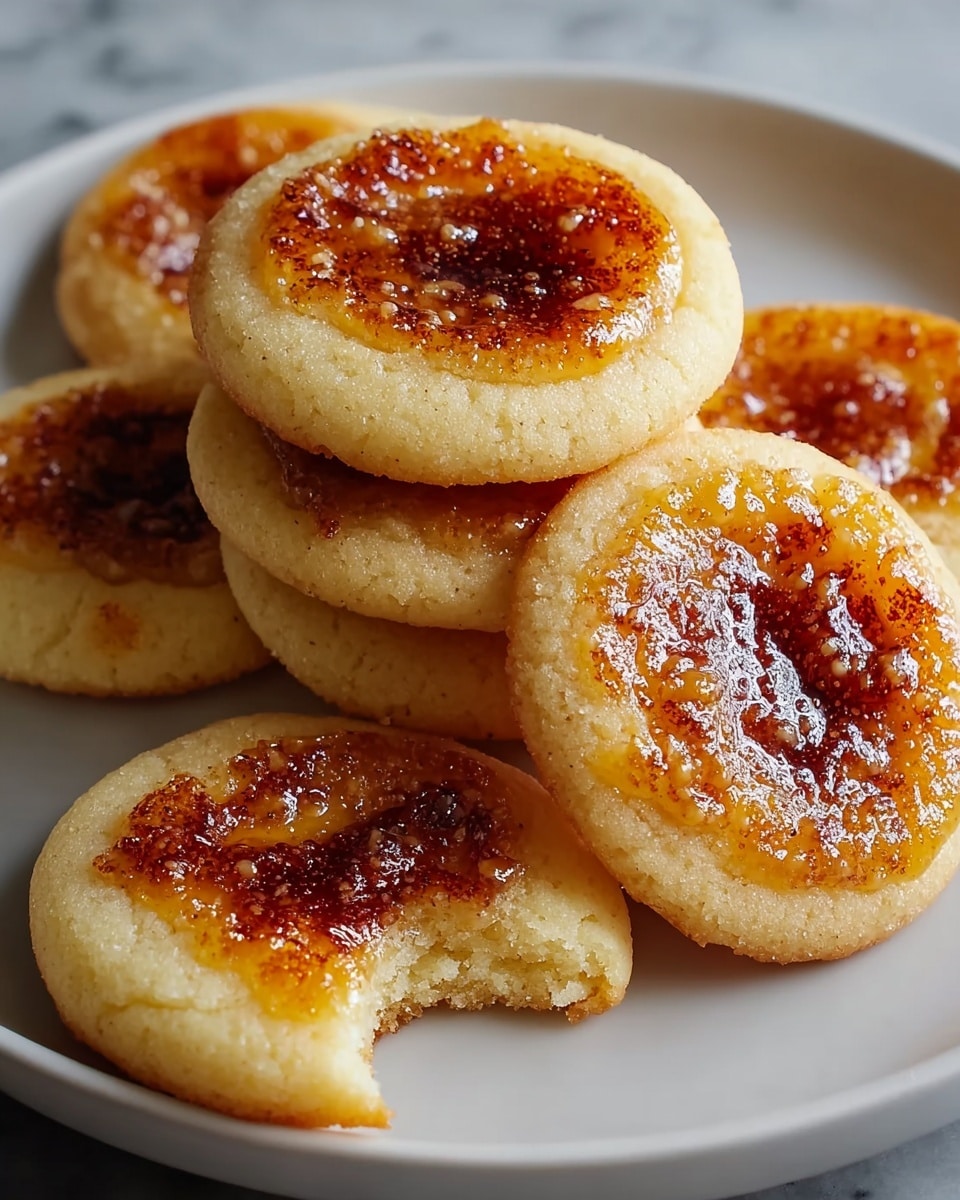 A stack of four round cookies sits on a white marbled surface, each cookie golden brown with a slightly crumbly texture. On the top cookie, there is a bite taken out, showing a soft, creamy yellow filling inside. The top surface of the filling has a light brown toasted look with some darker spots. The edges of the cookies are slightly roughed and coated with sugar crystals giving a sparkly appearance. There are more cookies blurred in the background on the white marbled surface. photo taken with an iphone --ar 4:5 --v 7
