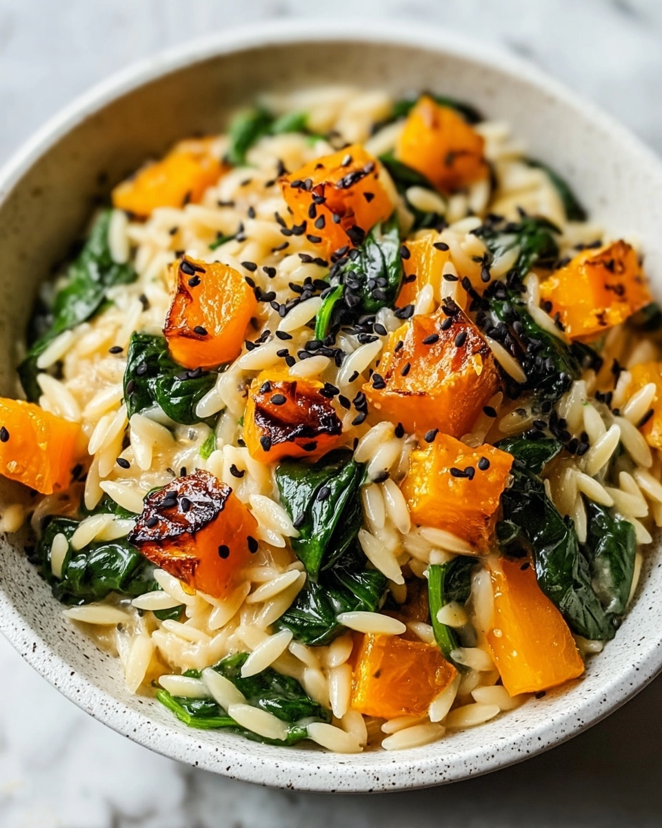 The image shows a white speckled bowl filled with three main layers: at the bottom, small, smooth orzo pasta in a light creamy color forms the base; scattered on top are bright orange roasted pumpkin cubes with some browned edges for texture; and fresh dark green spinach leaves are mixed evenly throughout the dish. The orzo looks soft and shiny, while the pumpkin cubes have a slightly charred, crispy surface, and the spinach leaves add a fresh, leafy contrast. Black sesame seeds are sprinkled lightly over everything, adding small dark spots. The bowl sits on a white marbled texture with a faint blur in the background. Photo taken with an iphone --ar 4:5 --v 7