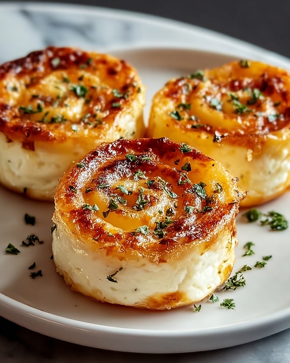 Three round baked cheese spirals are placed closely together on a white plate. Each spiral has a thick, creamy white base layer topped by a golden-brown, slightly crispy spiral layer with a caramelized texture on top. Small green herb pieces are sprinkled over the top, adding a fresh contrast to the warm colors. The spirals are thick and have a rich, soft appearance, with the plate resting on a white marbled surface. Photo taken with an iphone --ar 4:5 --v 7
