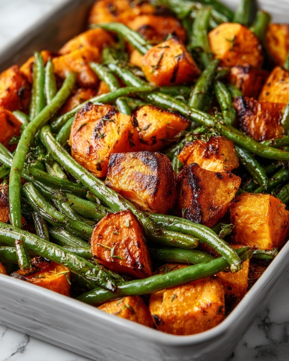 The image shows a close-up of a white rectangular baking dish filled with roasted chunks of orange sweet potatoes and bright green beans. The sweet potatoes are cut into thick, uneven chunks, with a crispy, caramelized brown crust on the edges and a soft interior visible. The green beans are whole, slightly shriveled from roasting, with dark grill marks and some bits of seasoning mixed throughout. The vegetables are scattered evenly inside the dish, showing a nice mix of colors, textures, and slight herbs on top. The baking dish sits on a white marbled surface. photo taken with an iphone --ar 4:5 --v 7