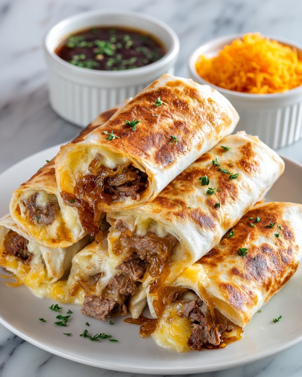 A stack of five toasted burritos is arranged on a white plate, each burrito showing a soft, browned tortilla wrap with slightly crispy edges, and a filling that includes melted creamy yellow cheese and shredded brown beef mixed with caramelized onions. The burritos are garnished with small green herb leaves scattered on top. Two white ramekins in the background hold shredded orange cheese and dark brown sauce with green herb bits, placed on a white marbled surface. photo taken with an iphone --ar 4:5 --v 7