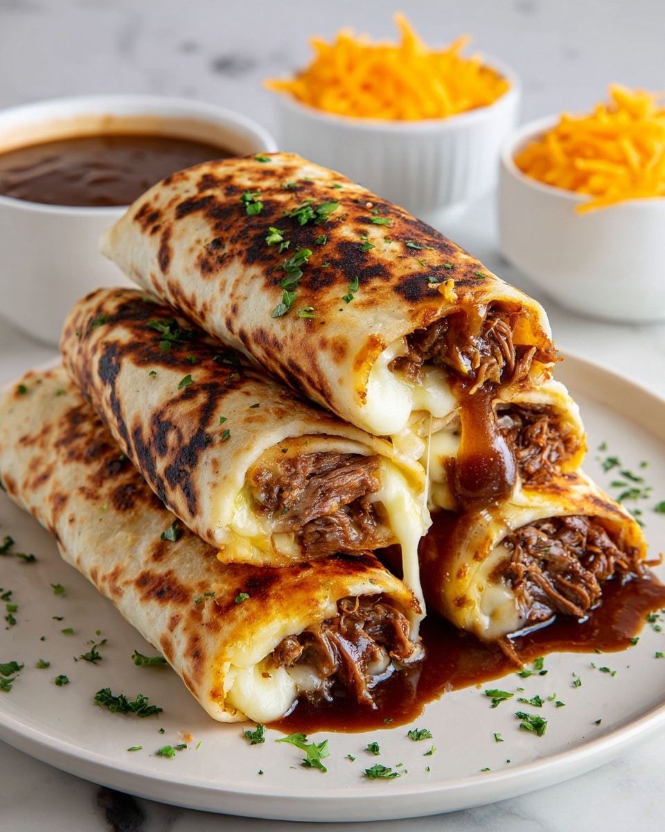 Four grilled wraps are stacked on a white plate, each rolled with a slightly toasted, golden-brown tortilla layer that shows charred spots and sprinkled green herbs on top. Inside, the first inner layer is a smooth, melted white cheese that looks creamy and soft, followed by a layer of shredded, tender dark brown meat soaked in rich brown sauce that drips slightly from the ends. In the background, on the white marbled surface, a white bowl filled with extra brown sauce sits next to another white bowl with finely shredded bright orange cheese. Some green herbs are scattered around the plate, adding fresh contrast. Photo taken with an iphone --ar 4:5 --v 7