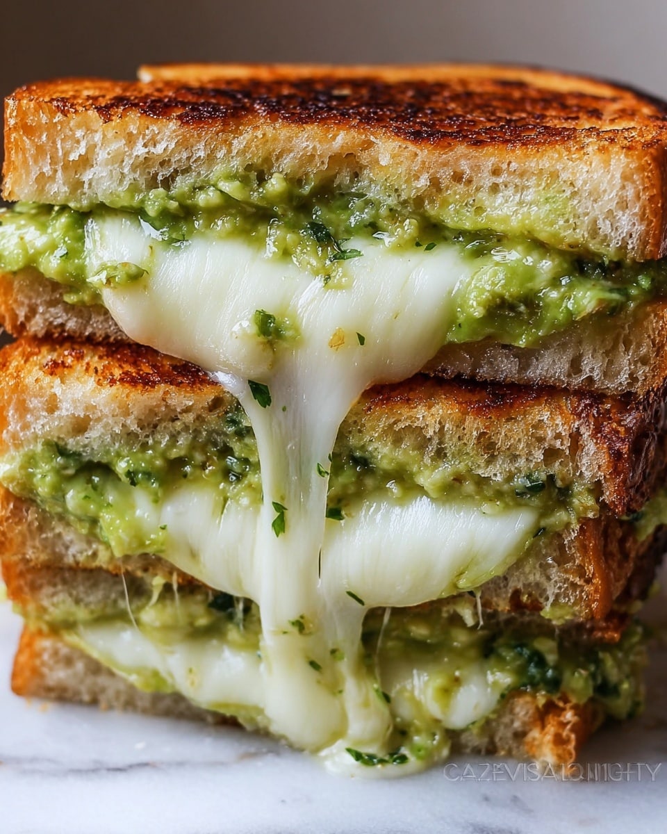 A close-up of a grilled sandwich cut in half and stacked, showing two thick slices of golden brown toasted bread with sesame seeds on top. Between the slices, there is a thick layer of creamy, pale green avocado spread mixed with hints of darker green avocado chunks and small bits of seasoning. The bread texture is crispy outside, soft inside, with the avocado filling looking smooth and slightly chunky, oozing out from the edges. The sandwich is placed on a white plate sitting on a white marbled texture surface with a dark blurred background. photo taken with an iphone --ar 4:5 --v 7
