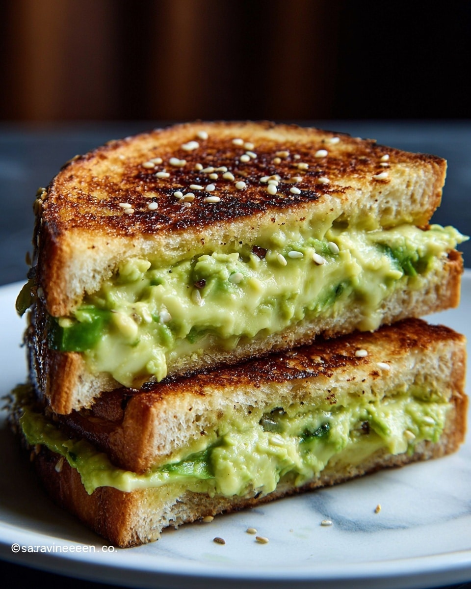 A close-up of a grilled sandwich cut in half and stacked, showing a total of three layers: two pieces of golden-brown toasted bread with a crispy texture on the outer sides, and inside, two thick layers of melted white cheese that is stretchy and gooey, mixed with a chunky green guacamole that has small bits of avocado and herbs visible, oozing out between the bread slices. The sandwich rests on a plain white marbled surface. photo taken with an iphone --ar 4:5 --v 7