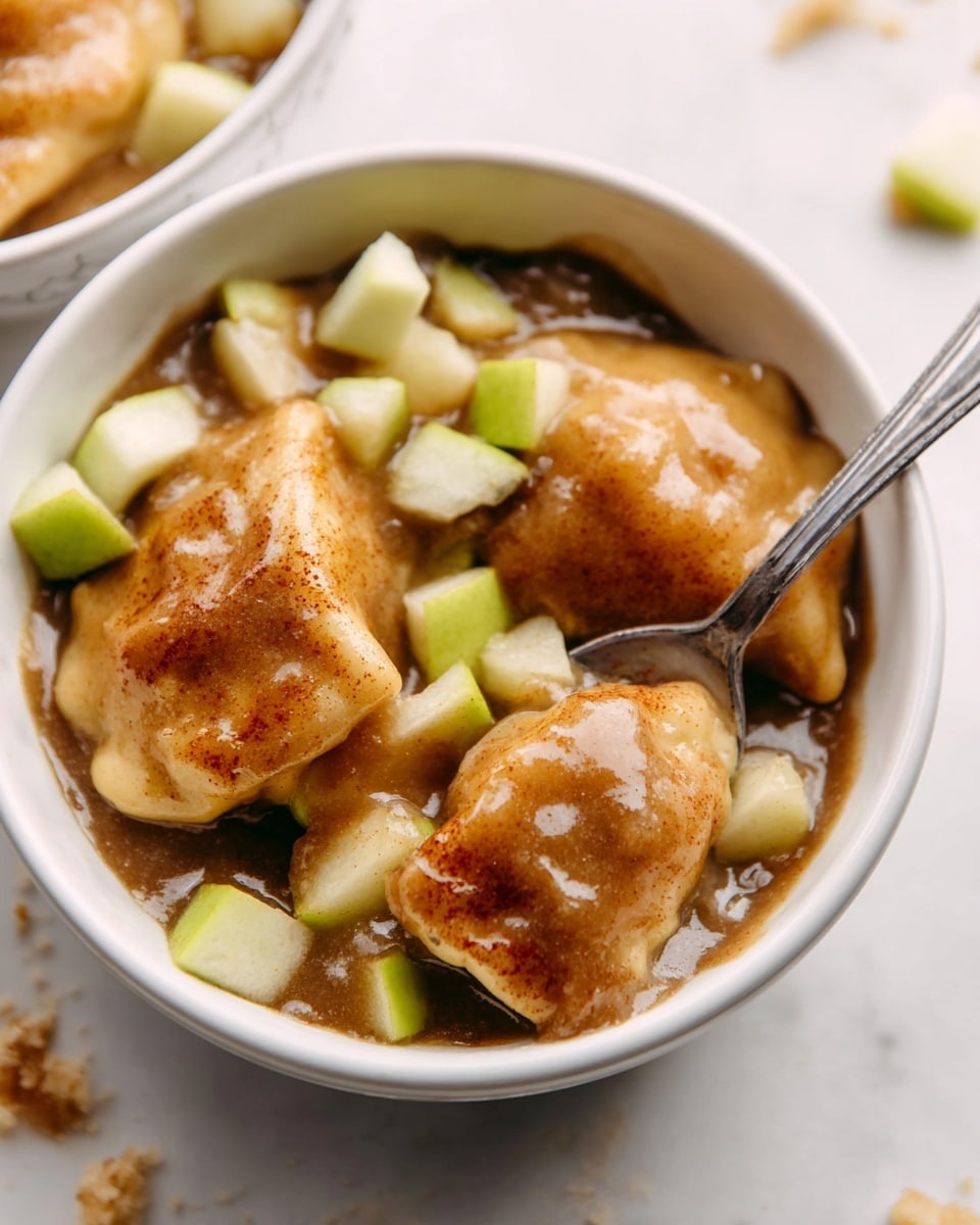 A close-up view of a white bowl filled with several soft, golden-brown dumplings coated in a glossy brown sauce. On top and mixed within the dumplings are small cubes of fresh green apple, adding a crisp texture and bright color contrast. A silver spoon rests inside the bowl, scooping up a dumpling along with some apple pieces, all glistening under soft light. The bowl is placed on a white marbled surface, with a few scattered crumbs and apple cubes around it. Photo taken with an iphone --ar 4:5 --v 7