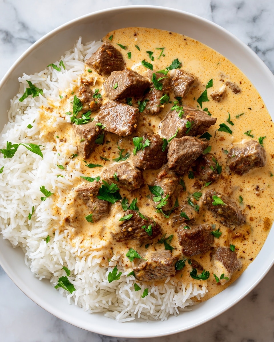 The image shows a close-up of a layered dish with three distinct layers. The bottom layer is white, fluffy rice, arranged evenly across the plate. On top of the rice is a layer of creamy beige sauce that looks smooth and thick, partially covering the rice. The top layer consists of medium-sized chunks of cooked brown beef, slightly shiny, scattered over the sauce with small green parsley leaves sprinkled on top for color. The entire dish sits on a white plate against a white marbled surface. Photo taken with an iphone --ar 4:5 --v 7